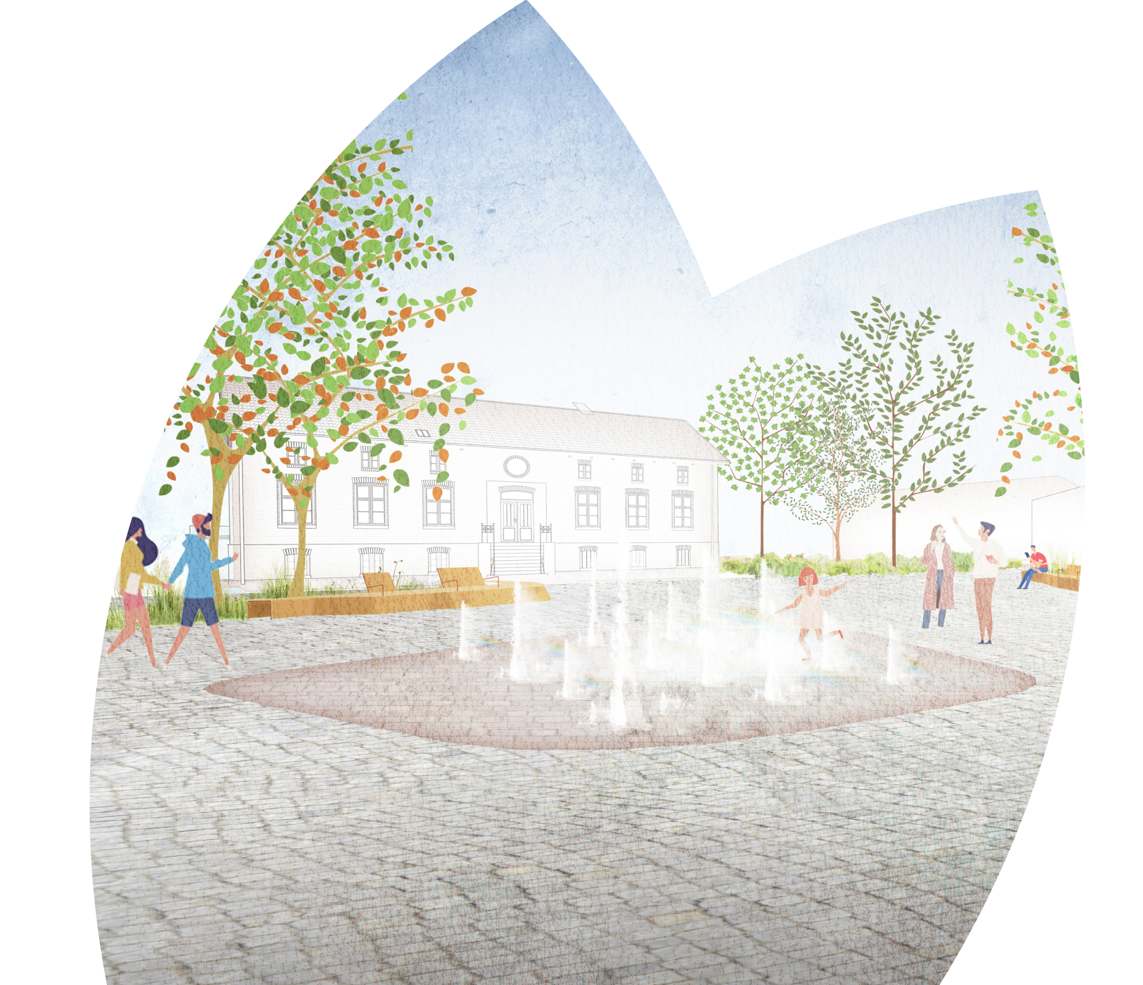 Visualisierung des Stadtguts Hellersdorf mit Blick auf ein historisches Gutsgebäude und einem Wasserspiel, umgeben von spazierenden und spielenden Personen.